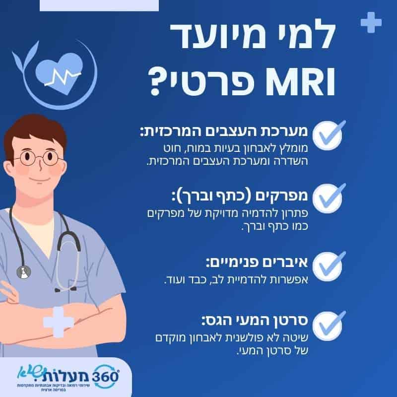 גלה למי מומלץ לבצע MRI פרטי ומה היתרונות של בדיקה זו למערכת העצבים, מפרקים, איברים פנימיים וסרטן המעי הגס. מדיקל 360 מספקים פתרונות מתקדמים לאבחון מדויק.