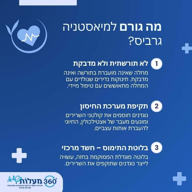 אינפוגרפיקה המסבירה את הגורמים למיאסטניה גרביס, כולל חוסר תורשתיות, תקיפת מערכת החיסון, ובלוטת התימוס כחשד מרכזי. מידע רפואי ממרכז 360 מעלות.