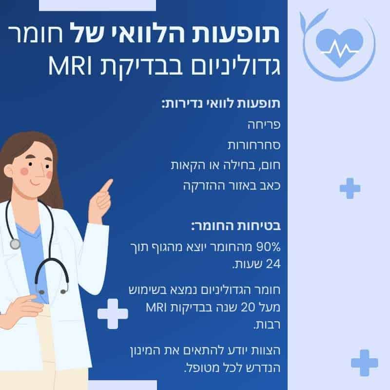 גרפיקה עם הסבר על תופעות הלוואי של חומר גדוליניום בבדיקת MRI, הכוללת פריחה, סחרחורת, חום, כאב באזור ההרדמה, סטטיסטיקה על שיעור התופעות ומידע על הצורך בהכנה וייעוץ.